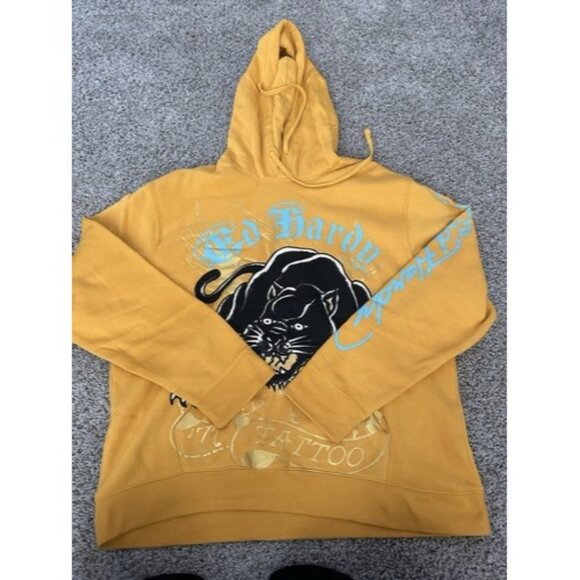 Ed Hardy Mens Yellow Black Panthers Graphic Print Hoodie Size XL Pockets